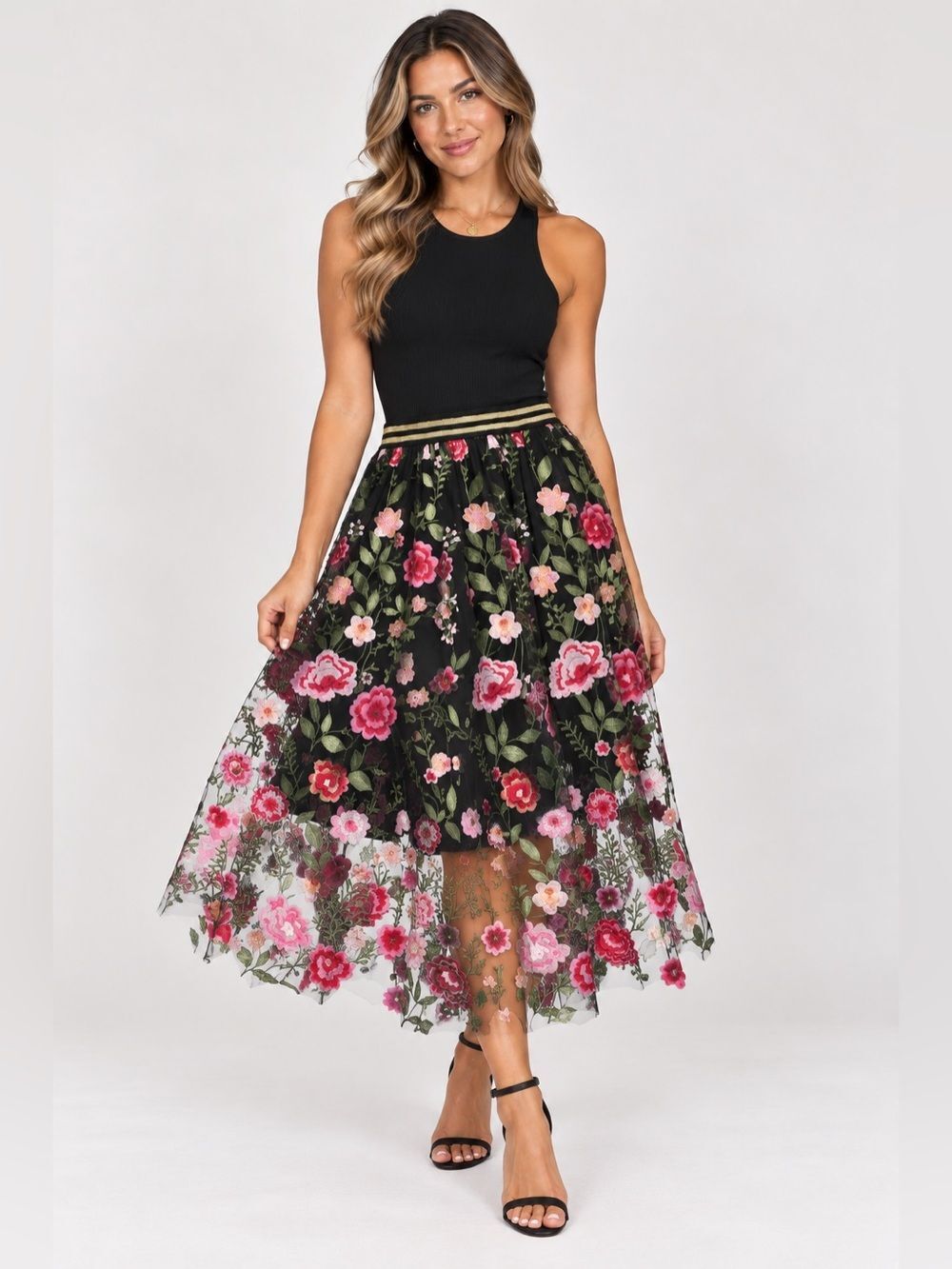 Aratta Silent Journey Black Embroidered Floral Tulle Midi Skirt Size Medium